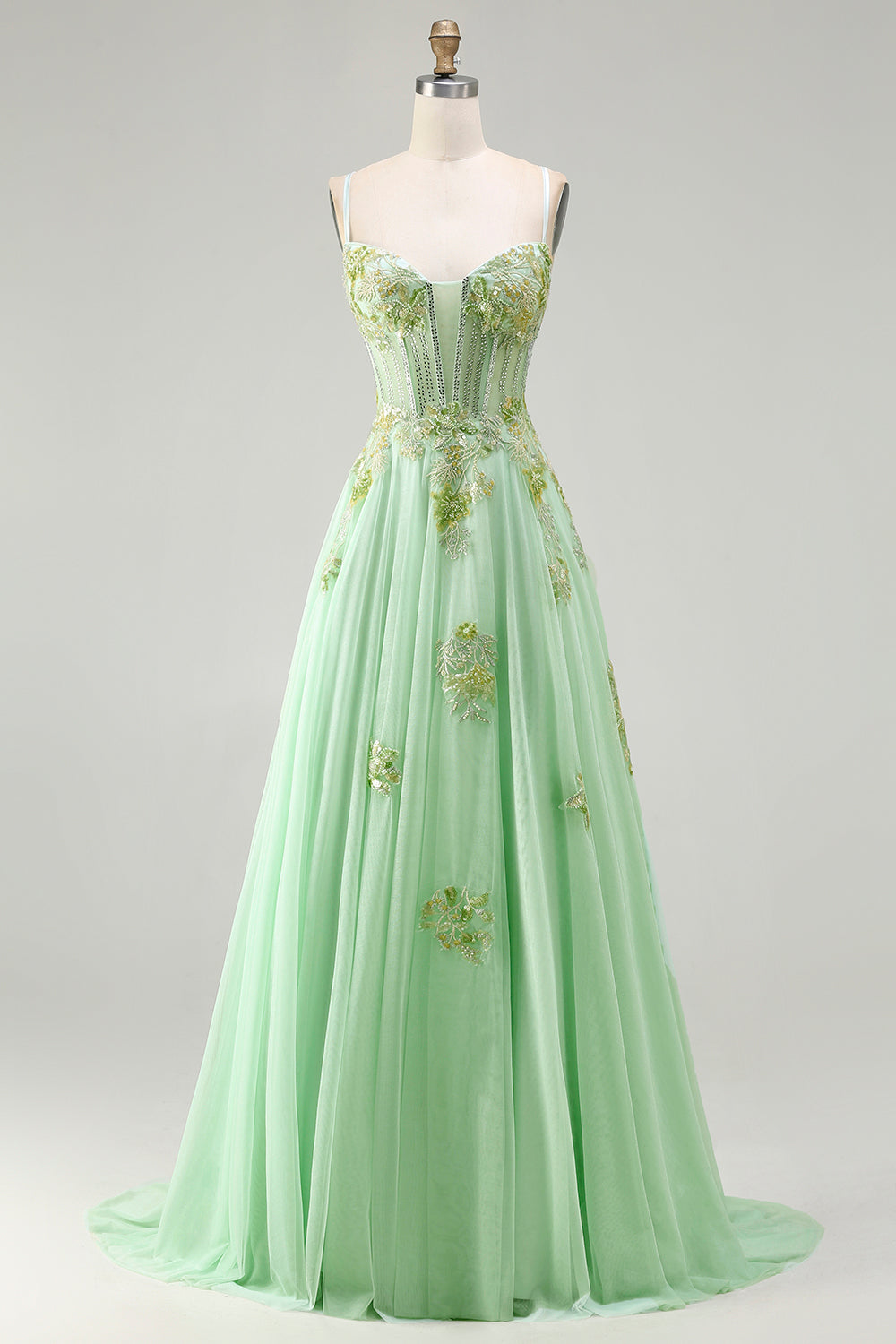 Sparkly Floral A-Line Green Long Corset Prom Dress with Beading