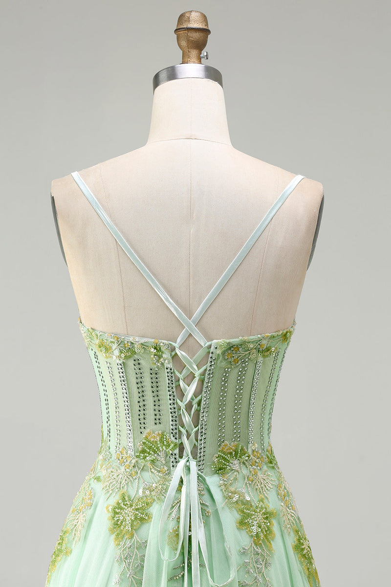 Load image into Gallery viewer, Sparkly Floral A-Line Green Long Corset Prom Dress with Beading