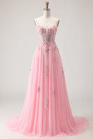 Load image into Gallery viewer, Sparkly Pink A-Line Floral Long Corset Prom Dress with Beading