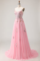 Load image into Gallery viewer, Sparkly Pink A-Line Floral Long Corset Prom Dress with Beading