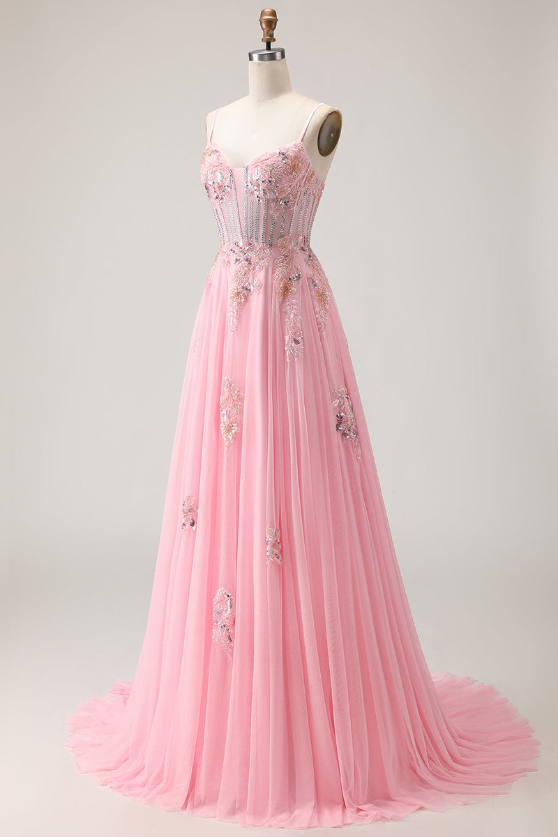 Load image into Gallery viewer, Sparkly Pink A-Line Floral Long Corset Prom Dress with Beading