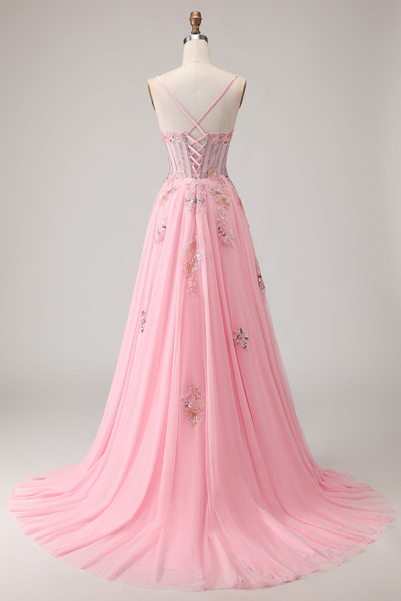 Load image into Gallery viewer, Sparkly Pink A-Line Floral Long Corset Prom Dress with Beading