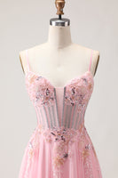 Load image into Gallery viewer, Sparkly Pink A-Line Floral Long Corset Prom Dress with Beading