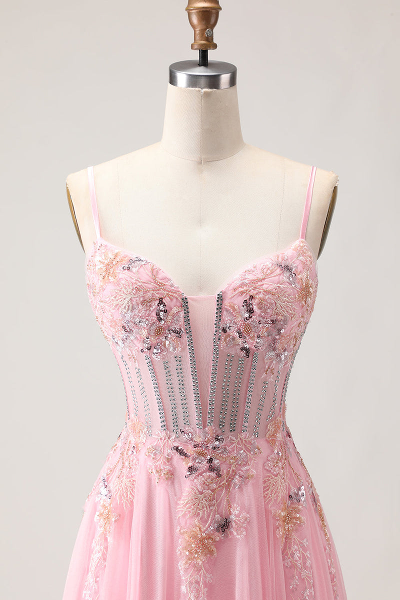 Load image into Gallery viewer, Sparkly Pink A-Line Floral Long Corset Prom Dress with Beading