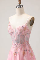 Load image into Gallery viewer, Sparkly Pink A-Line Floral Long Corset Prom Dress with Beading