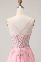 Load image into Gallery viewer, Sparkly Pink A-Line Floral Long Corset Prom Dress with Beading
