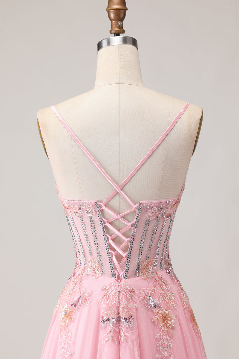 Load image into Gallery viewer, Sparkly Pink A-Line Floral Long Corset Prom Dress with Beading
