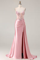 Load image into Gallery viewer, Sparkly Pink Floral Mermaid Satin Long Corset Prom Dress with Sequin