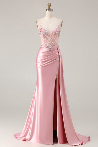 Sparkly Pink Floral Mermaid Satin Long Corset Prom Dress with Sequin