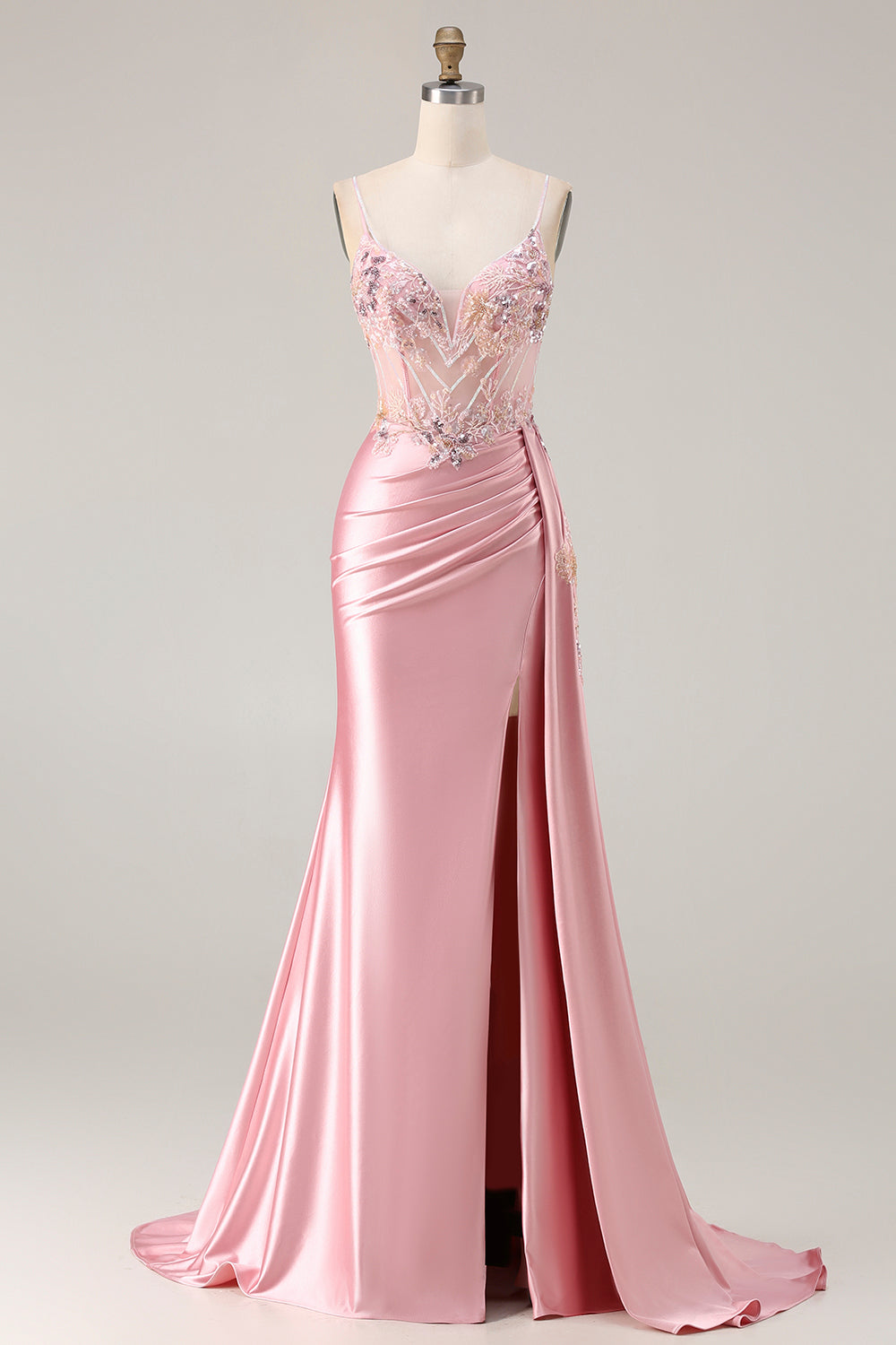 Sparkly Pink Floral Mermaid Satin Long Corset Prom Dress with Sequin