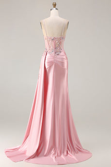 Sparkly Pink Floral Mermaid Satin Long Corset Prom Dress with Sequin