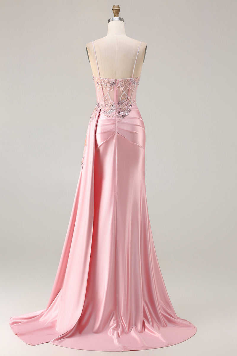 Load image into Gallery viewer, Sparkly Pink Floral Mermaid Satin Long Corset Prom Dress with Sequin