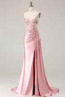 Load image into Gallery viewer, Sparkly Pink Floral Mermaid Satin Long Corset Prom Dress with Sequin