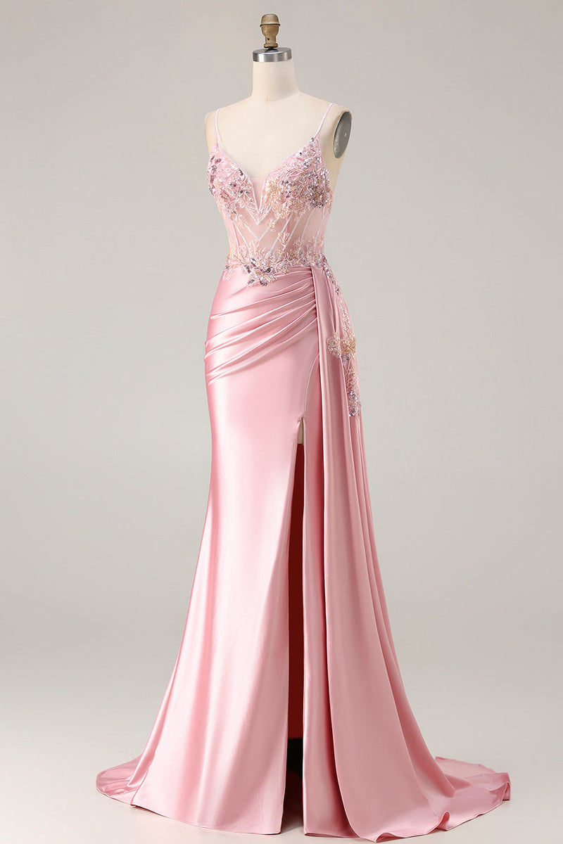 Load image into Gallery viewer, Sparkly Pink Floral Mermaid Satin Long Corset Prom Dress with Sequin