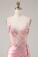 Load image into Gallery viewer, Sparkly Pink Floral Mermaid Satin Long Corset Prom Dress with Sequin