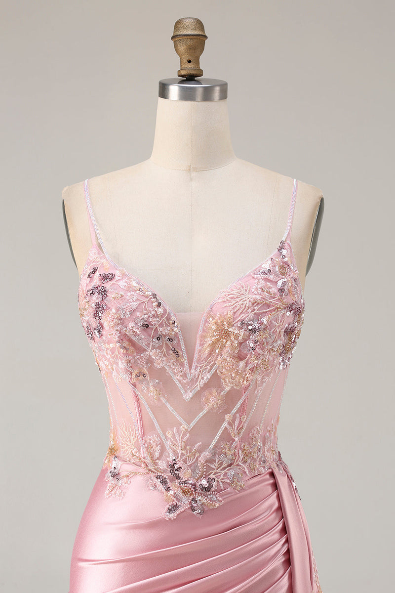 Load image into Gallery viewer, Sparkly Pink Floral Mermaid Satin Long Corset Prom Dress with Sequin