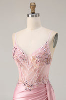 Load image into Gallery viewer, Sparkly Pink Floral Mermaid Satin Long Corset Prom Dress with Sequin