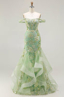 Load image into Gallery viewer, Sparkly Floral Green Long Mermaid Corset Prom Dress with Ruffles