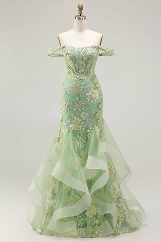 Sparkly Floral Green Long Mermaid Corset Prom Dress with Ruffles