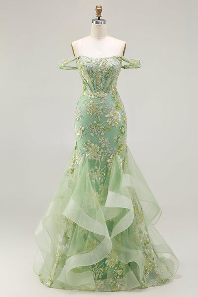 Sparkly Floral Green Long Mermaid Corset Prom Dress with Ruffles