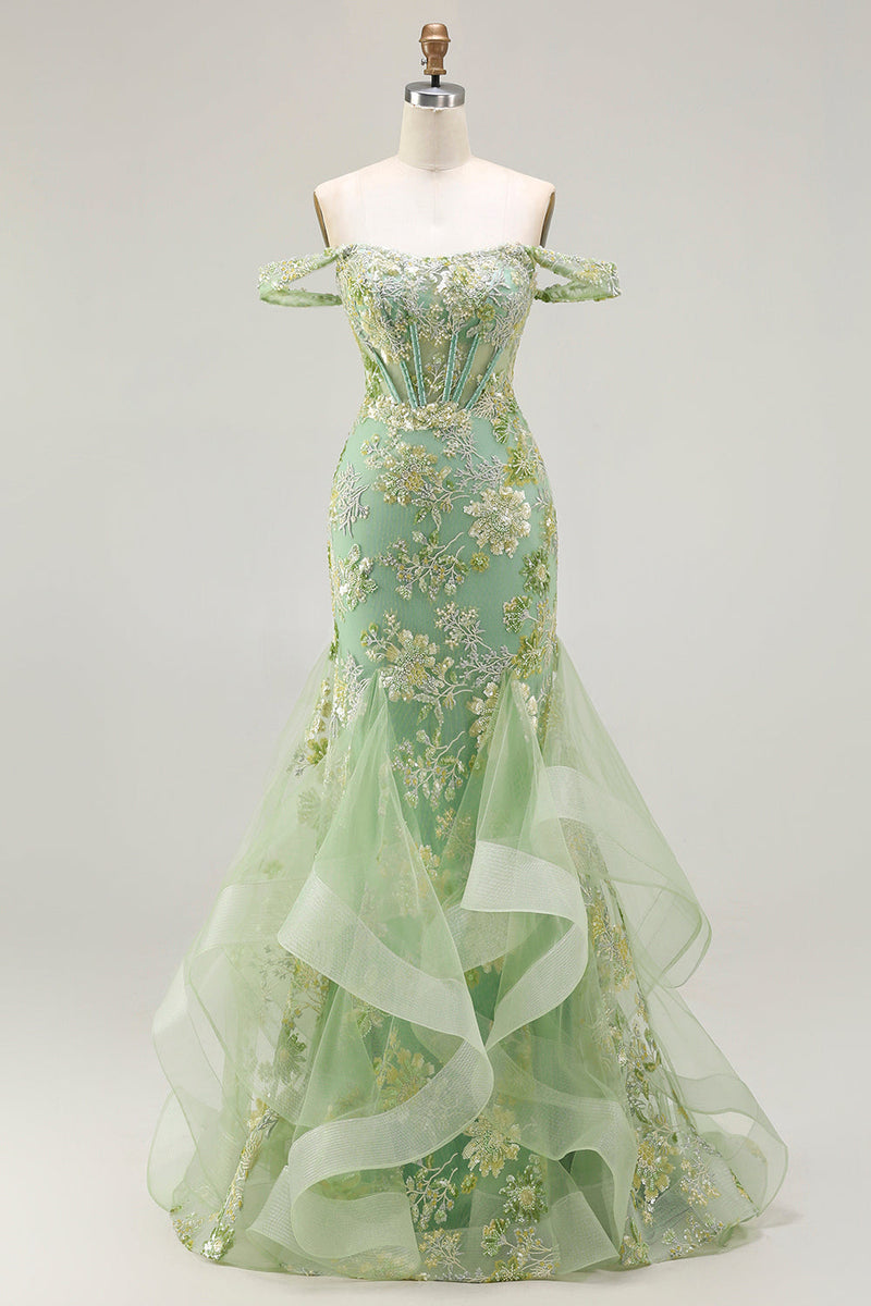 Load image into Gallery viewer, Sparkly Floral Green Long Mermaid Corset Prom Dress with Ruffles
