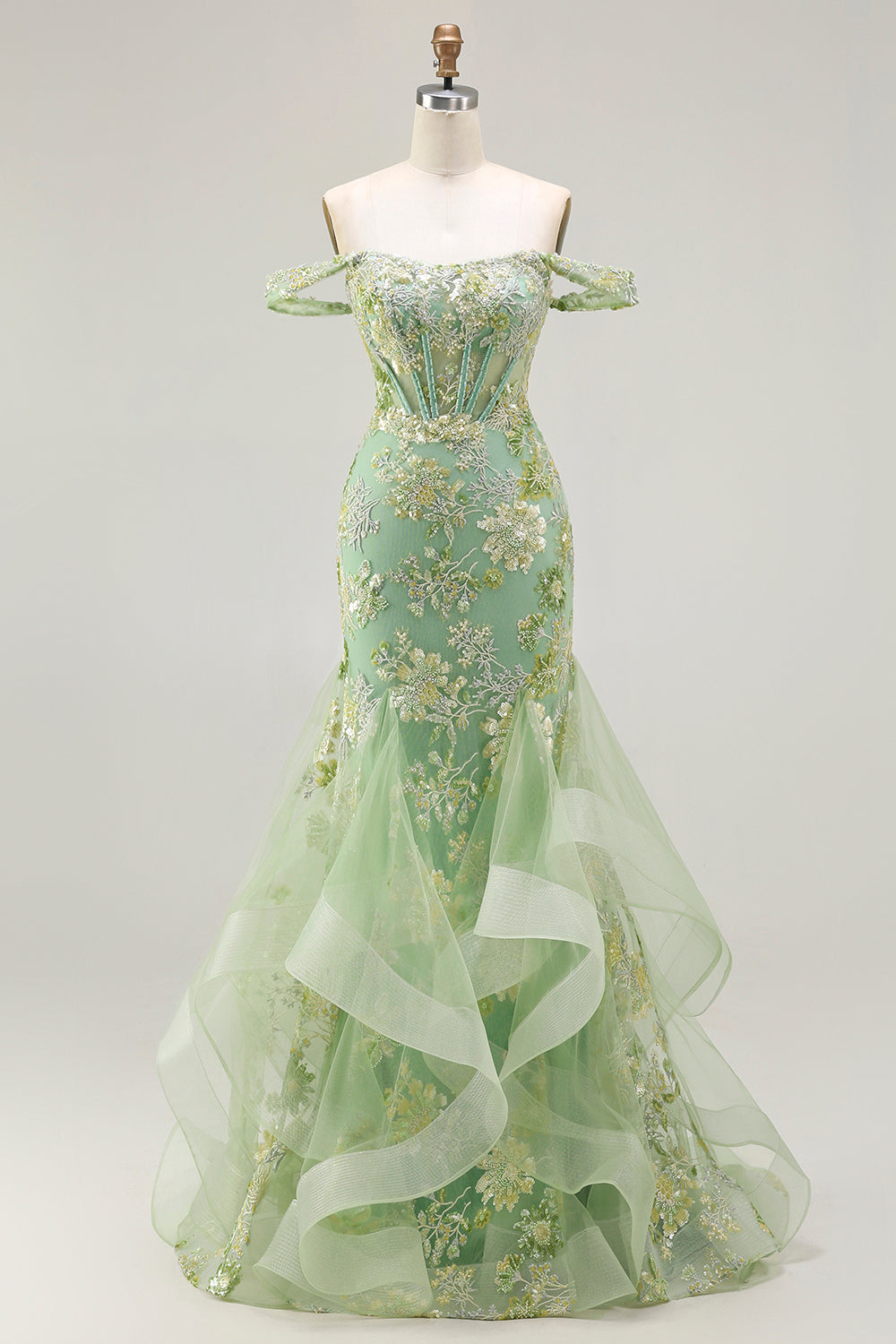 Sparkly Floral Green Long Mermaid Corset Prom Dress with Ruffles