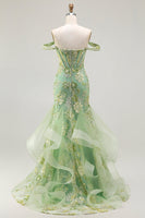 Load image into Gallery viewer, Sparkly Floral Green Long Mermaid Corset Prom Dress with Ruffles