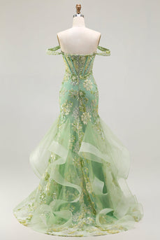 Sparkly Floral Green Long Mermaid Corset Prom Dress with Ruffles