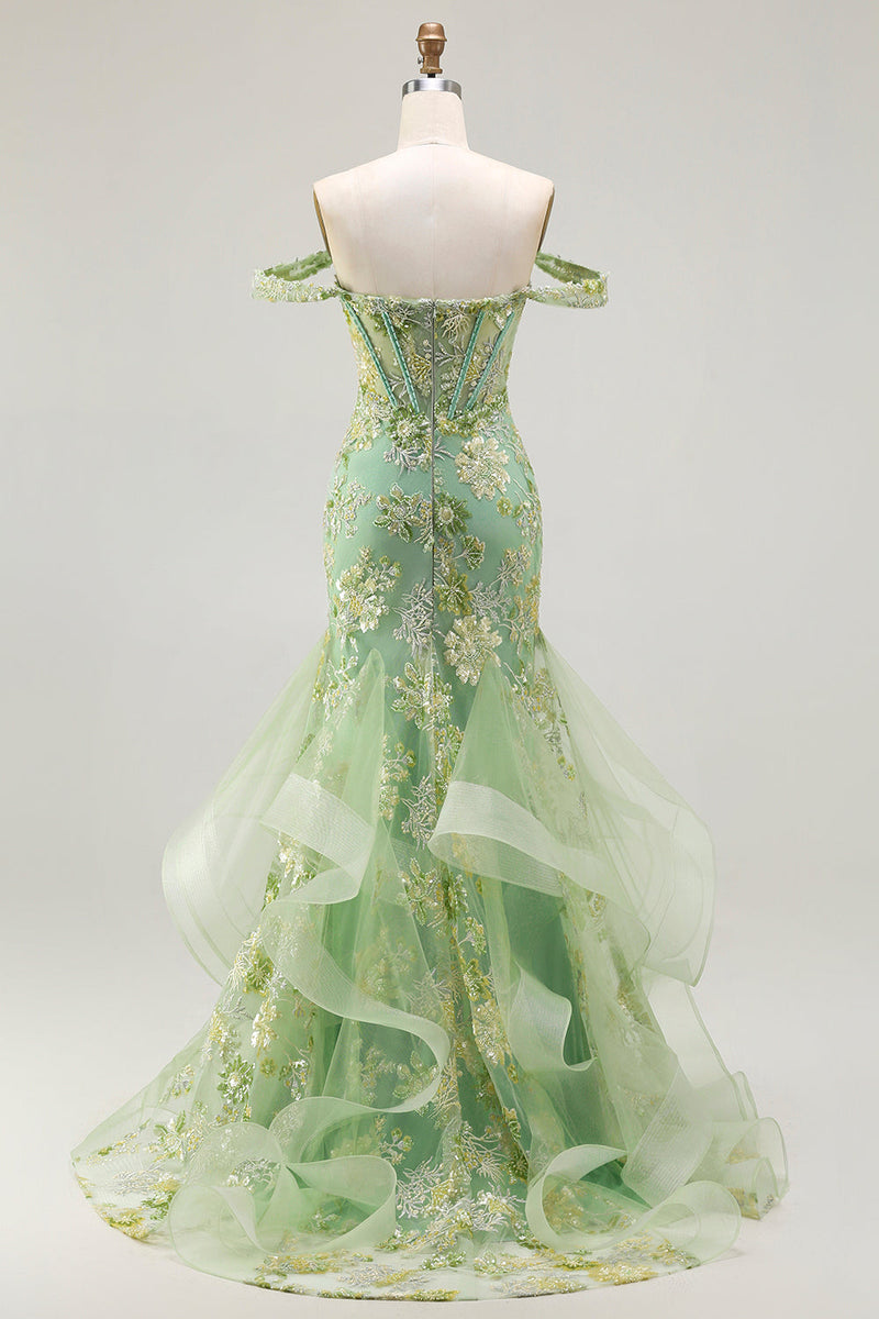 Load image into Gallery viewer, Sparkly Floral Green Long Mermaid Corset Prom Dress with Ruffles
