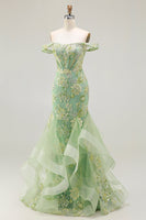 Load image into Gallery viewer, Sparkly Floral Green Long Mermaid Corset Prom Dress with Ruffles