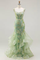 Load image into Gallery viewer, Sparkly Floral Green Long Mermaid Corset Prom Dress with Ruffles