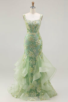 Sparkly Floral Green Long Mermaid Corset Prom Dress with Ruffles