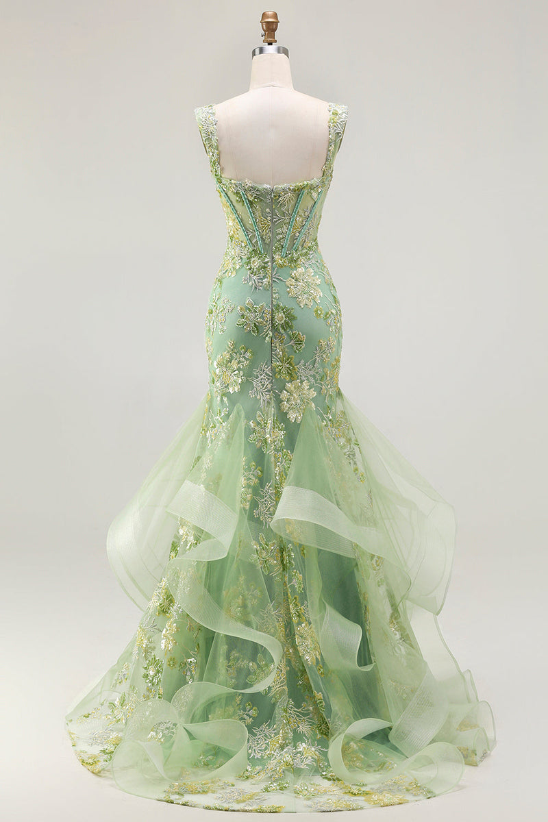 Load image into Gallery viewer, Sparkly Floral Green Long Mermaid Corset Prom Dress with Ruffles