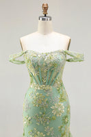 Load image into Gallery viewer, Sparkly Floral Green Long Mermaid Corset Prom Dress with Ruffles