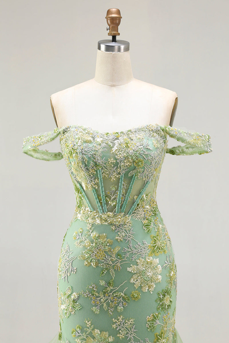 Load image into Gallery viewer, Sparkly Floral Green Long Mermaid Corset Prom Dress with Ruffles
