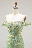 Load image into Gallery viewer, Sparkly Floral Green Long Mermaid Corset Prom Dress with Ruffles