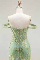 Load image into Gallery viewer, Sparkly Floral Green Long Mermaid Corset Prom Dress with Ruffles