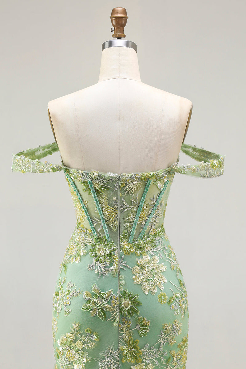Load image into Gallery viewer, Sparkly Floral Green Long Mermaid Corset Prom Dress with Ruffles