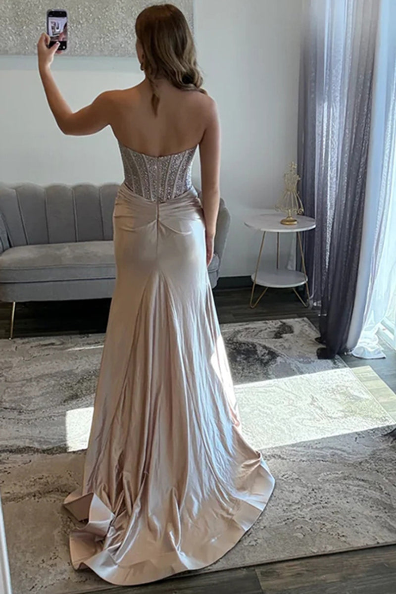 Load image into Gallery viewer, Sparkly Blush Sweetheart Mermaid Long Corset Prom Dress with Slit