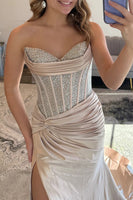Load image into Gallery viewer, Sparkly Blush Sweetheart Mermaid Long Corset Prom Dress with Slit