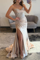 Load image into Gallery viewer, Sparkly Blush Sweetheart Mermaid Long Corset Prom Dress with Slit