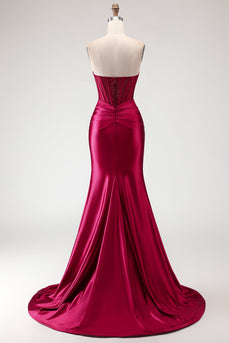 Burgundy Mermaid Satin Long Corset Prom Dress with Slit