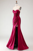 Load image into Gallery viewer, Champagne Mermaid Satin Long Corset Prom Dress with Slit