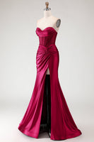 Load image into Gallery viewer, Burgundy Mermaid Satin Long Corset Prom Dress with Slit