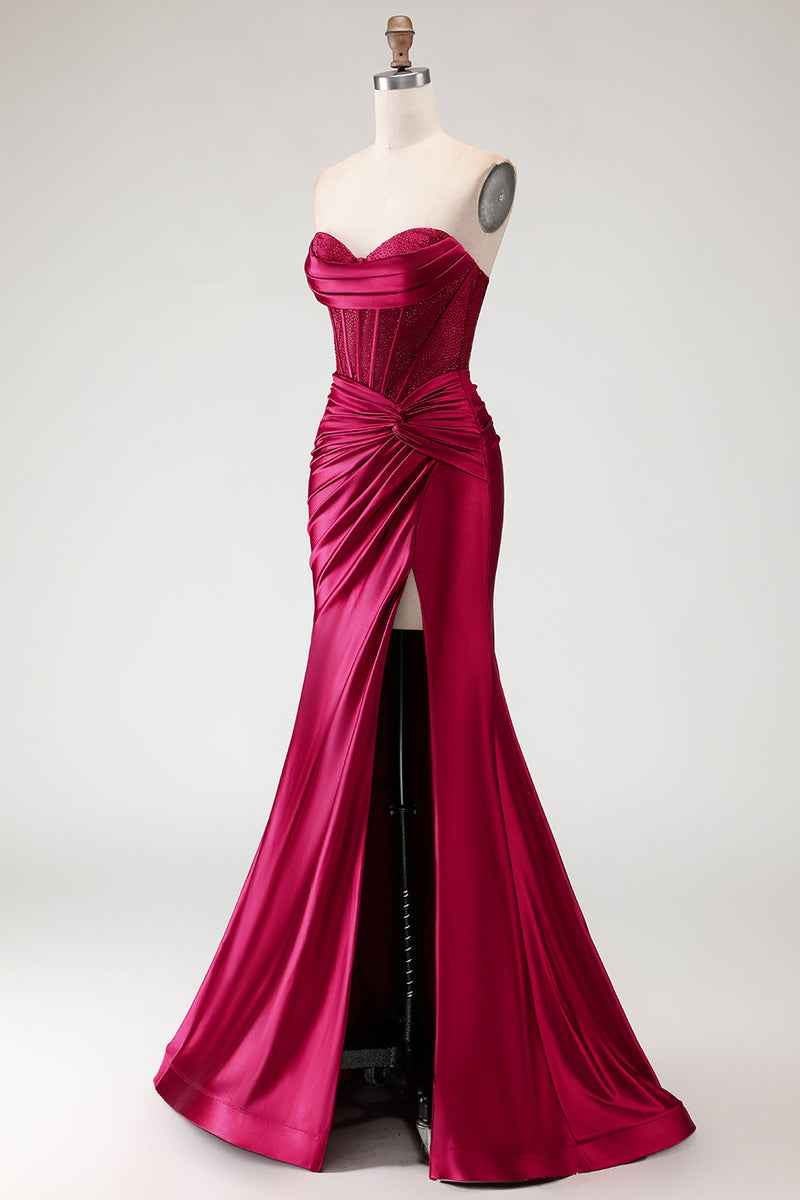 Load image into Gallery viewer, Burgundy Mermaid Satin Long Corset Prom Dress with Slit