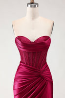 Load image into Gallery viewer, Burgundy Mermaid Satin Long Corset Prom Dress with Slit