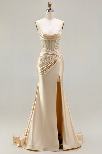 Champagne Mermaid Satin Long Corset Prom Dress with Slit