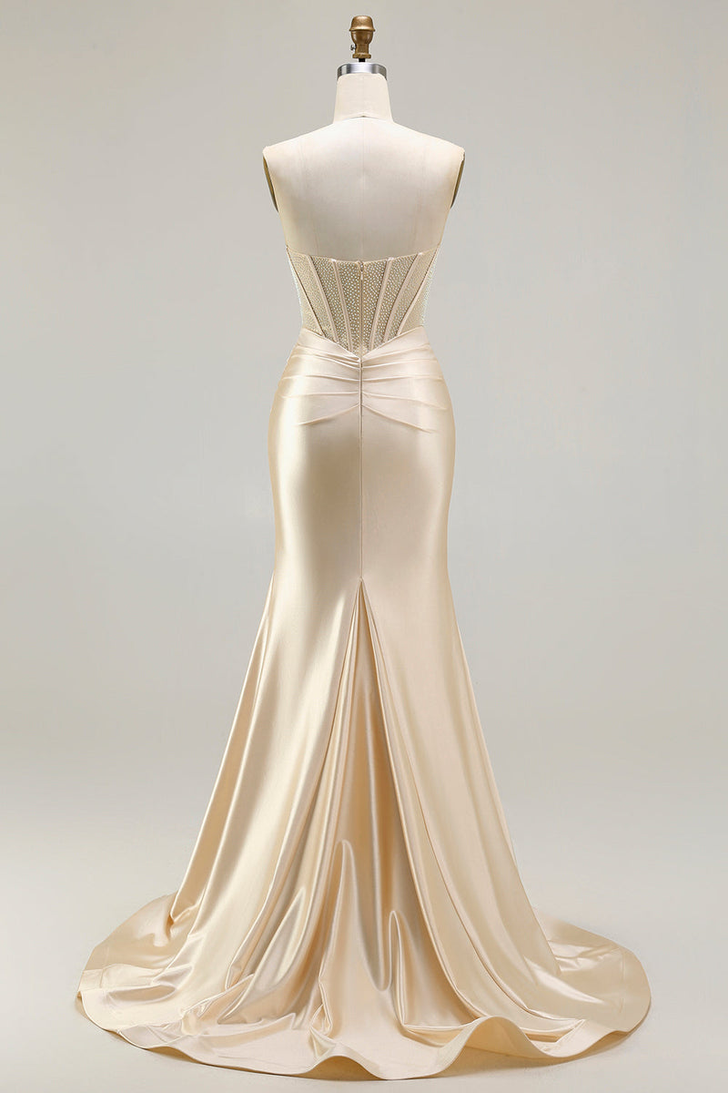 Load image into Gallery viewer, Champagne Mermaid Satin Long Corset Prom Dress with Slit