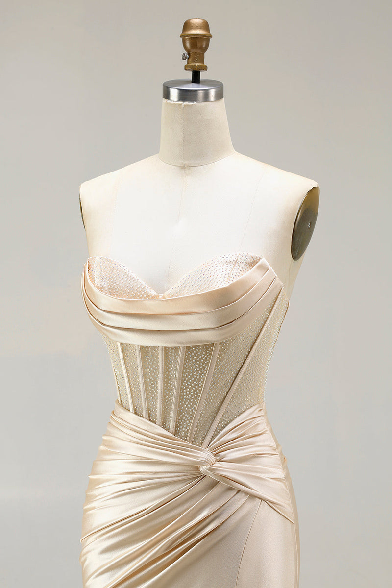Load image into Gallery viewer, Champagne Mermaid Satin Long Corset Prom Dress with Slit