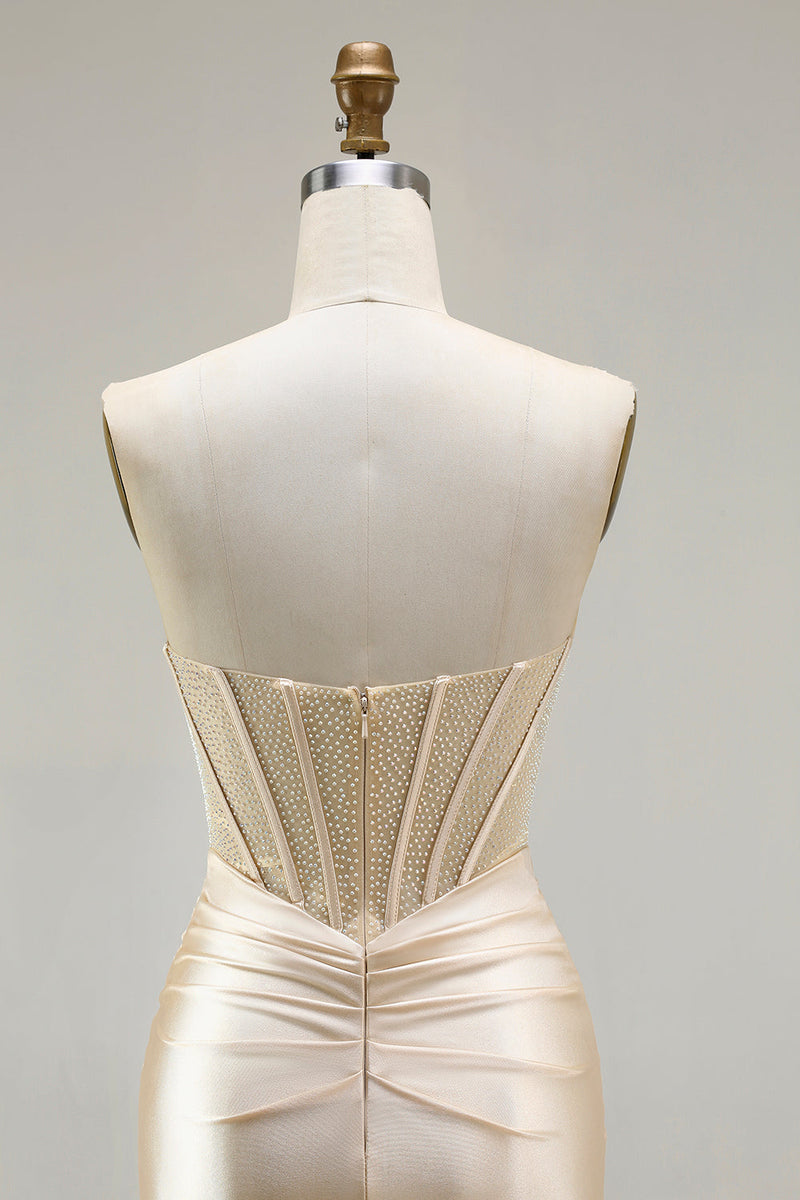 Load image into Gallery viewer, Champagne Mermaid Satin Long Corset Prom Dress with Slit